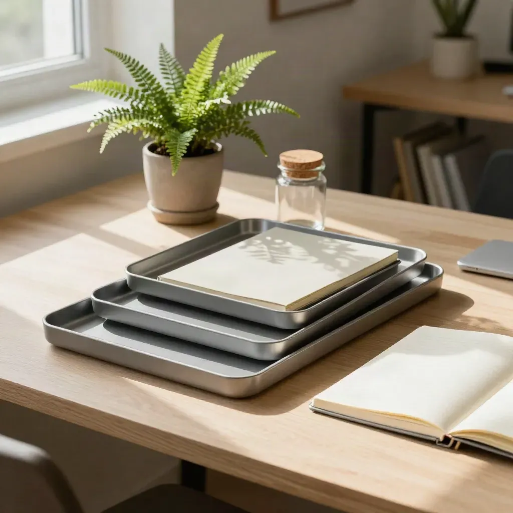 Införandeplan med tre trays, anteckningsbok, ormbunke och glasburk i varmt kontorsljus.