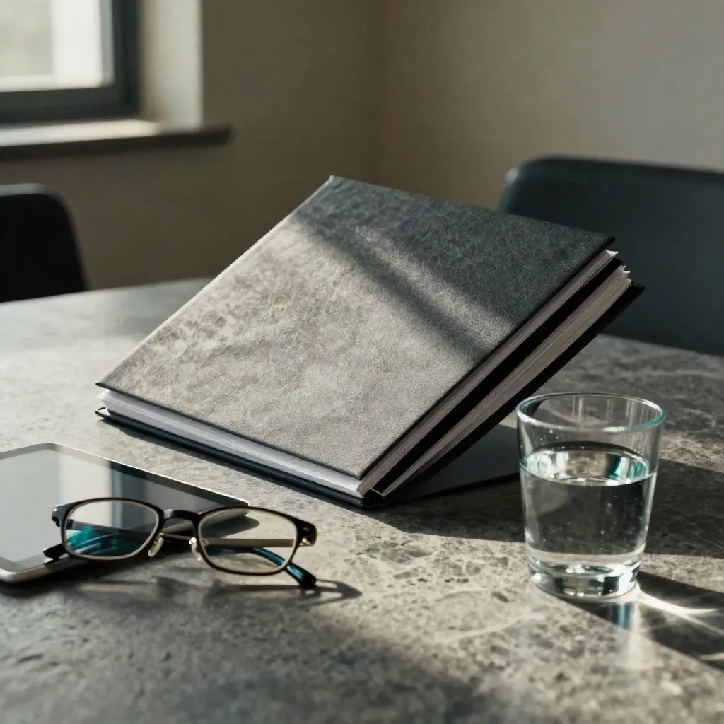 Folder, surfplatta och glas på stenbord i ett möte, med låg ljus från sidan.